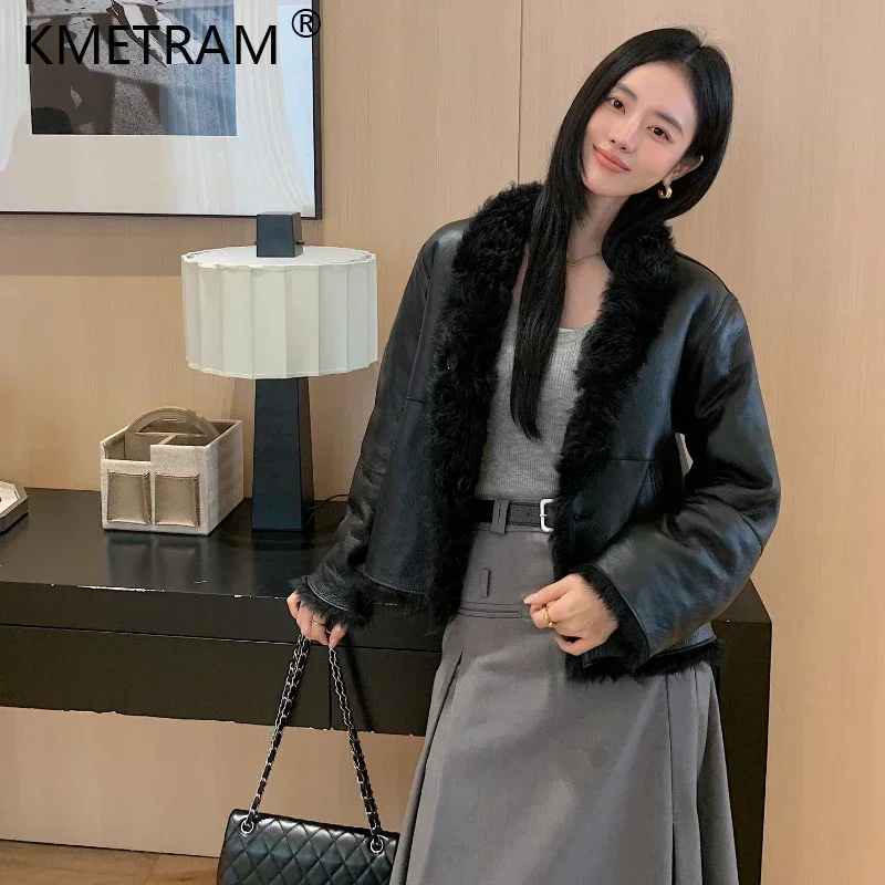 Genuine Tuscany Sheep Leather Fur Jacket for Women Luxury Winter Real Fur Coat Womens Stand Collar Reversible Short Fur Coats