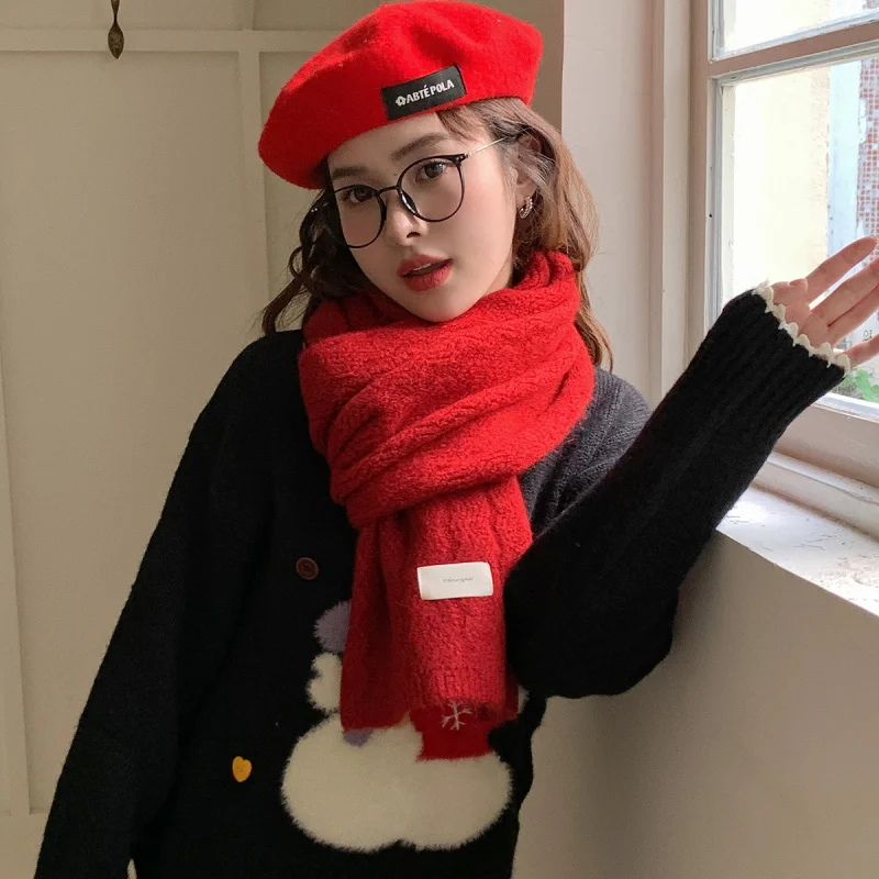 

Autumn Winter New Soft Red Couple Thick Knitted Scarf Korean Style Versatile High-end Warm Scarf