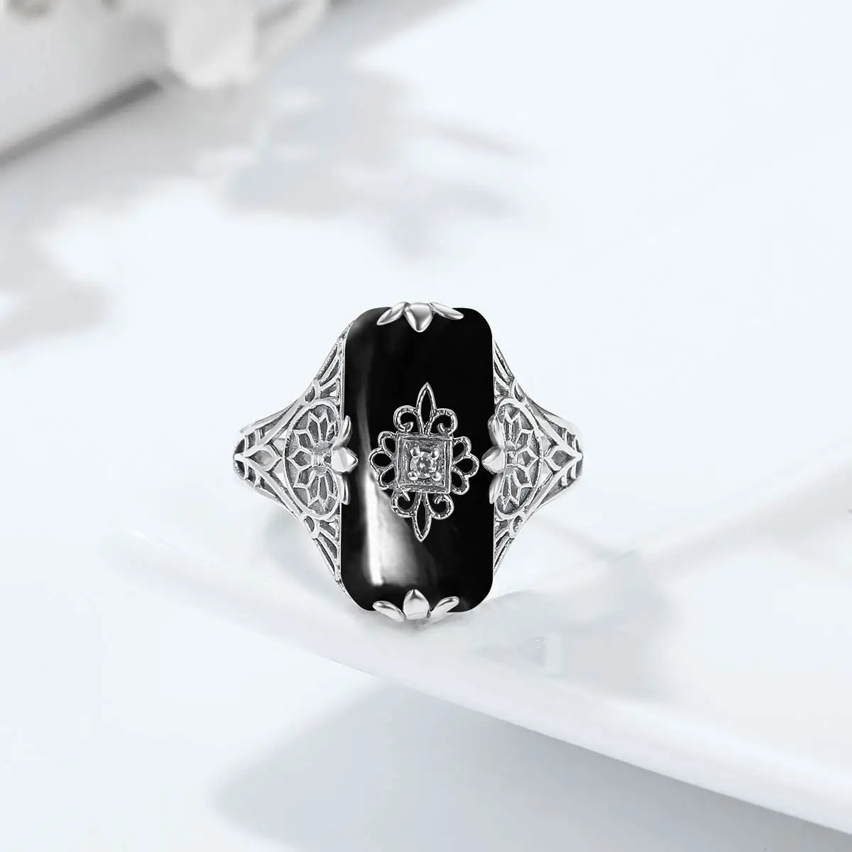 Szjinao High Quality 925 Sterling Silver Woman Rings Black Onyx Ring Gemstone Party Banquet Gift Vintage Filigree Trend Jewelry