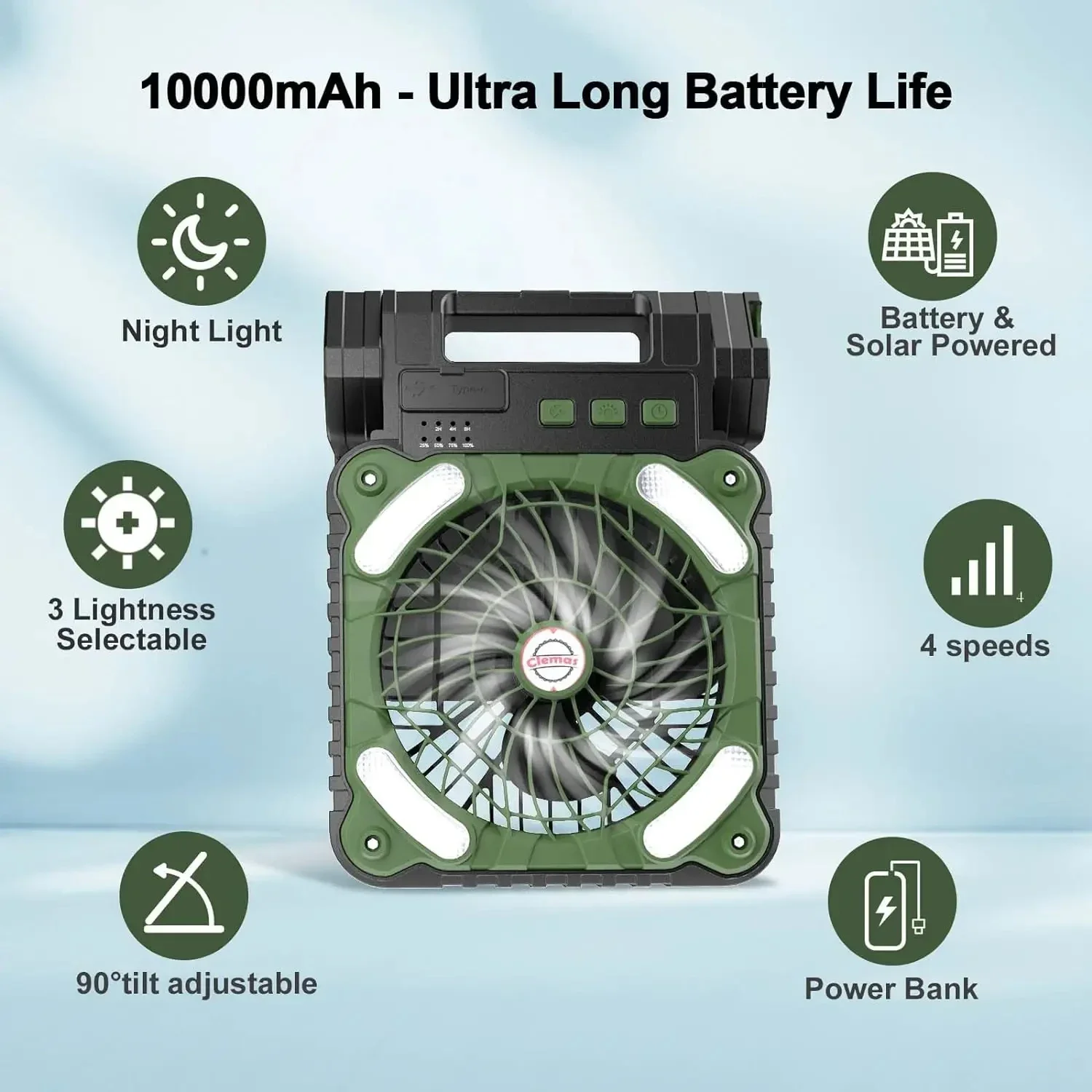 

Portable Solar Fans 10000mAh LED Lantern Rechargeable Solar Powered Camping Fan 4 Speeds Powerful Wind 90° Folding Ventilador