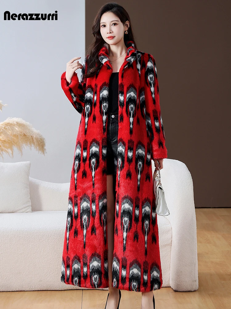 Nerazzurri Winter Extra Long Colorful Thick Warm Fluffy Faux Mink Fur Coat Women Stand Collar Chic Luxury Designer Clothes 2023