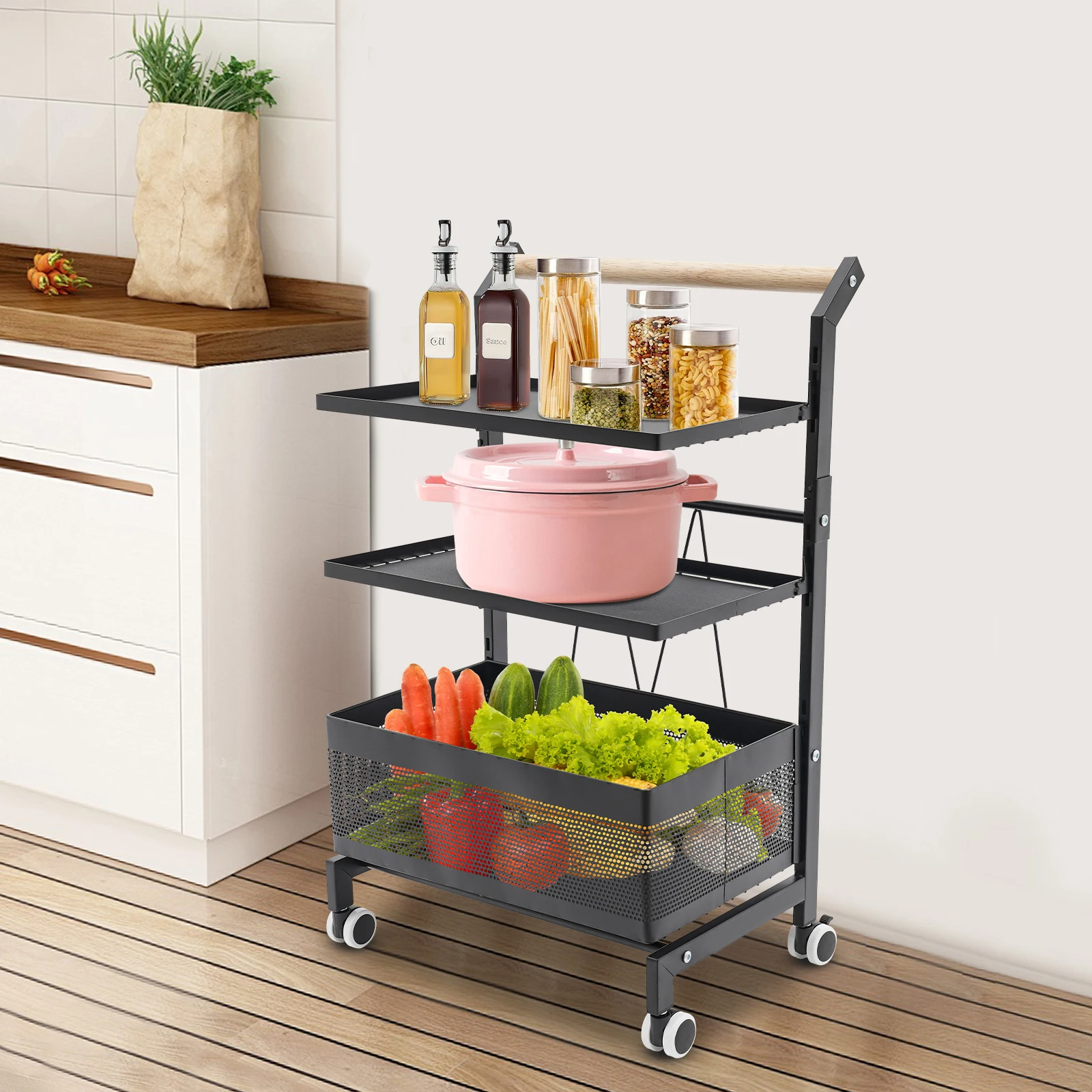 Lagerregalwagen Weiß/Schwarz Rostbeständiger Lebensmittelwagen mit Rädern für Küche/Wohnzimmer/Schlafzimmer/Schlafsaal/Badezimmer – Detail 8