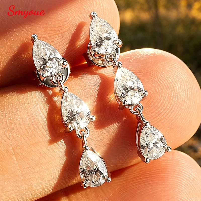 Smyoue 4*6MM Pear Cut Women Full Moissanite Drop Earrings for Girls 3 Gems Dating Jewelry S925 Solid Silver Lab Diamond Gift