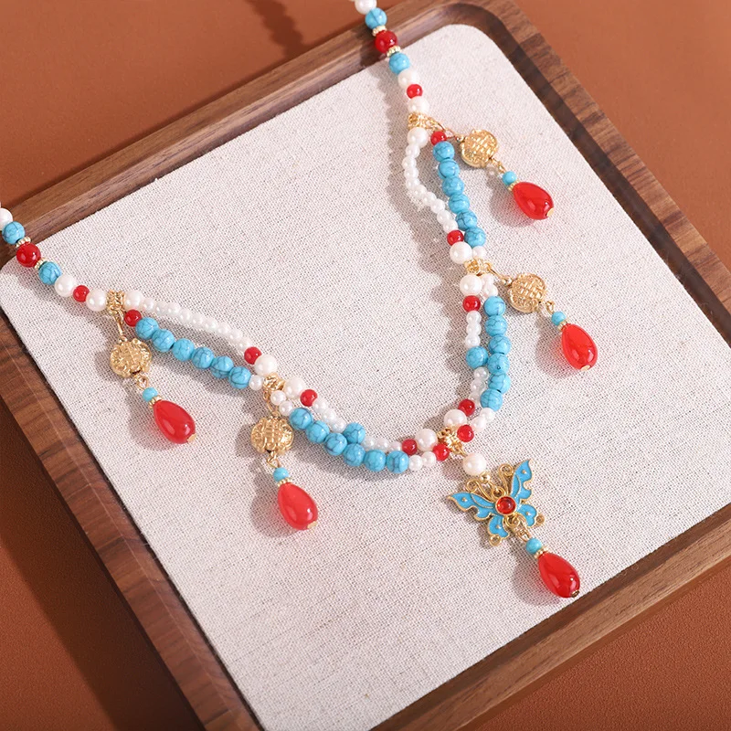 Fashion New Chinese Handmade Beaded Wreaths Necklace Antique Long Tassel Back Cloud Lend Ming-Made Accessore Red Glaze Trendy