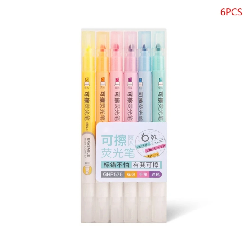 6Pcs Erasable Highlighters Dual-ended for Kid Student Card Making Coloring Book