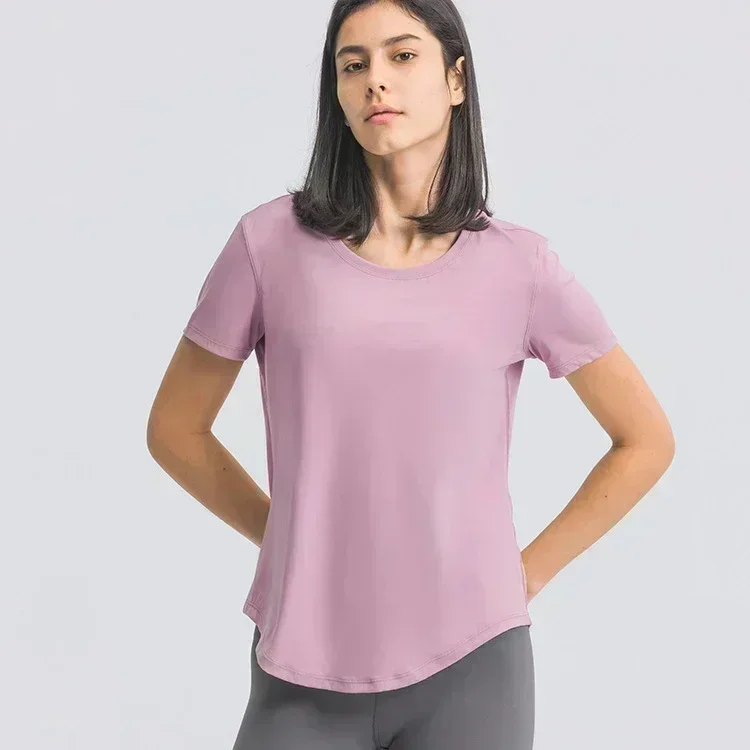 Zitrone Frauen lose Yoga Kurzarmhemd atmungsaktive Laufsport T-Shirt gebogenen Saum lässig elastische Geschwindigkeit trockene Fitness kleidung