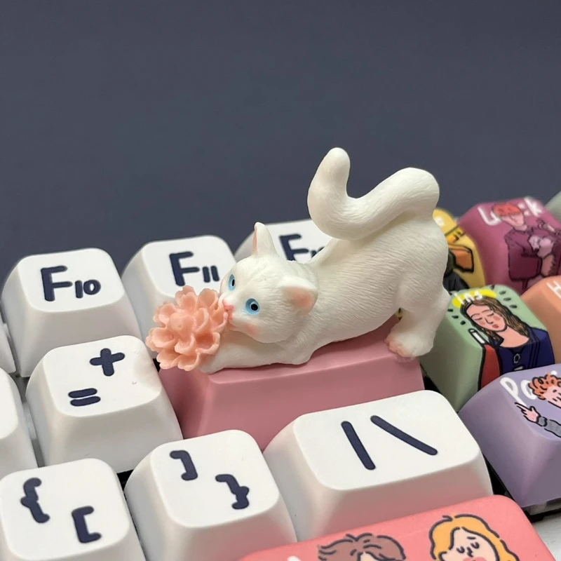 

ECHOME Cute Cat Keycaps Blue Eyed White 3D Anime Point Keyboard Cap Cartoon Artisan Handmade Key Caps for Mechanical Keyboard