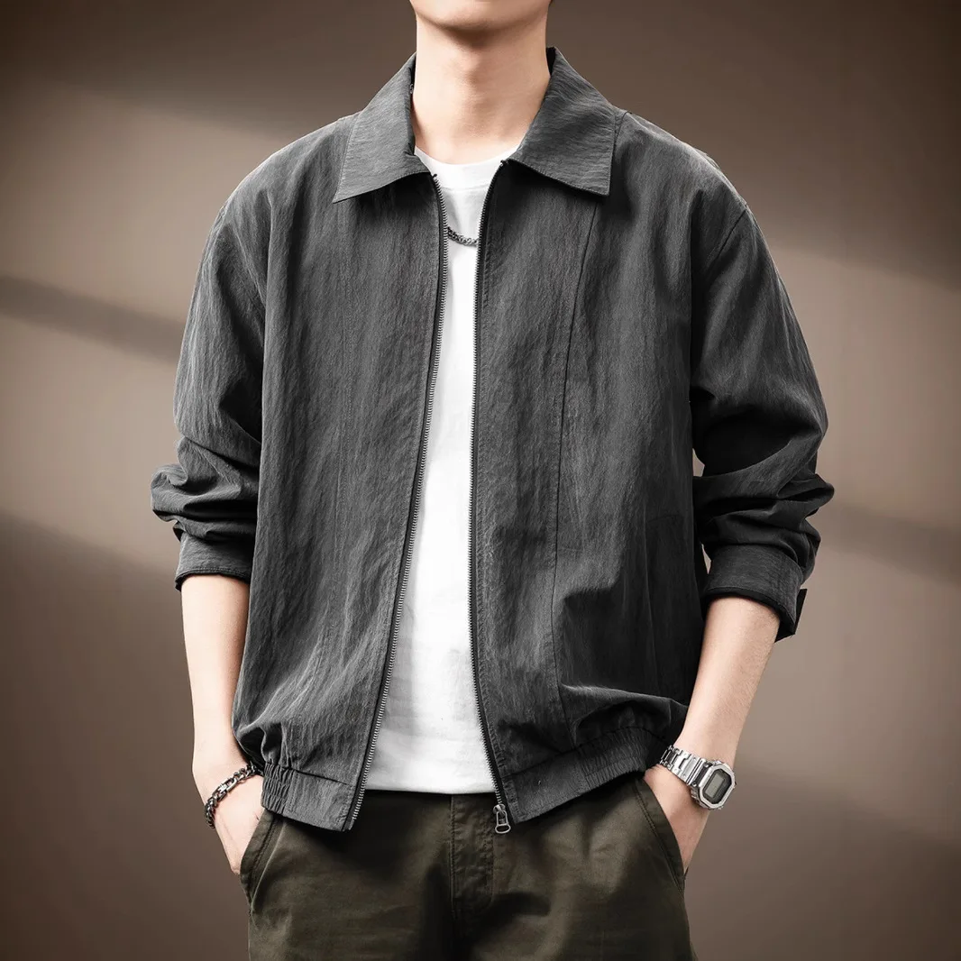 American Style Spring Fashion Men Grey Brown Solid Color Outdoor Sports Simple Basic Casual Daily Jackets Male Vintage Coats