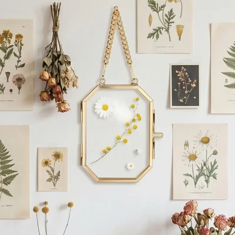 Octagonal Glass Pressed Flower Frame Home Decoration Floating Photo Frame with Metal Chain for Dried Flower Plant X3UC