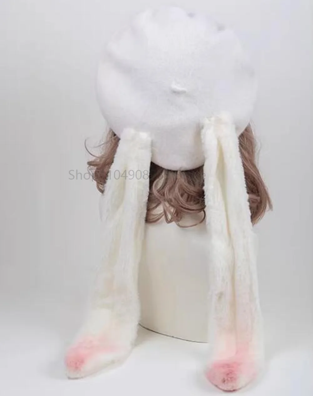 素敵なウサギの耳付きベレー帽、女性と女の子向け、暖かい冬用ラビットカートゥーンプラッシュキャップ、プラッシュJKベレー帽