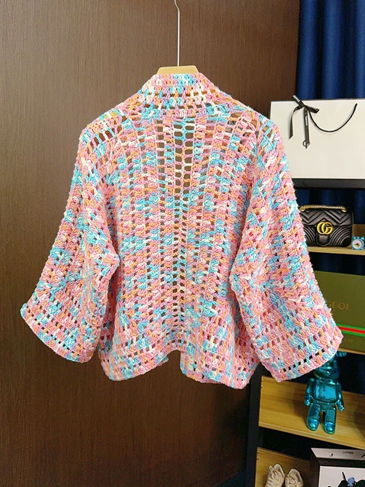 Hand Knitted Cardigan Granny Square Crochet Open Front Sweater Coat Multi Color Autumn/Spring Woman Knitwear Clothing