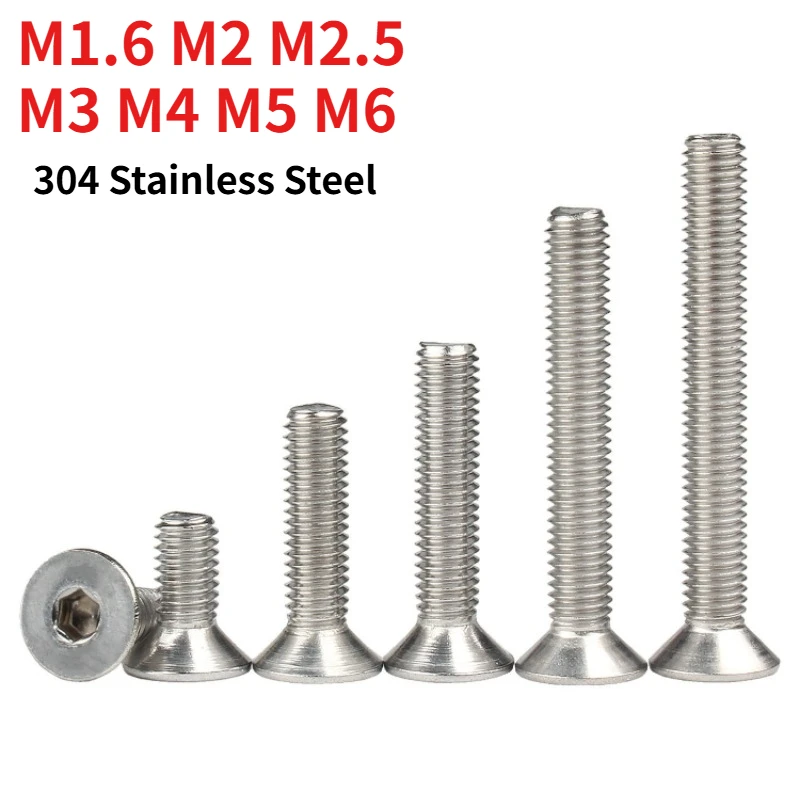 M1.6 M2 M2.5 M3 M4 M5 M6  304 Stainless Steel Hex Socket Countersunk Head Screw DIN 7991, A2 Flat Head Allen Bolt