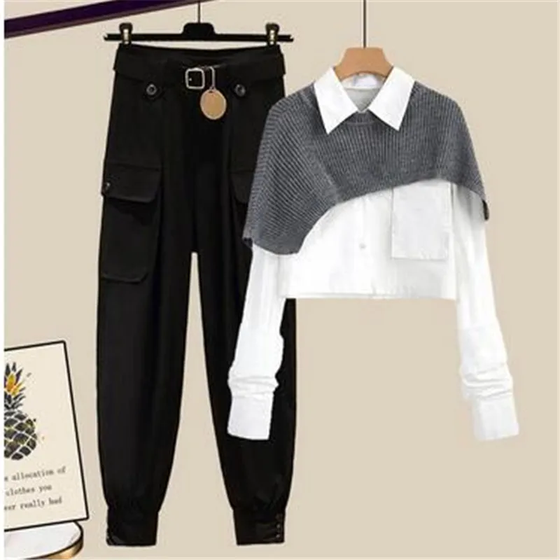 

2024 Spring New Elegant Women's Pants Set Knitted Shawl Shirt Casual Trousers Three Piece Set Female Casual Clothing Tracksuit