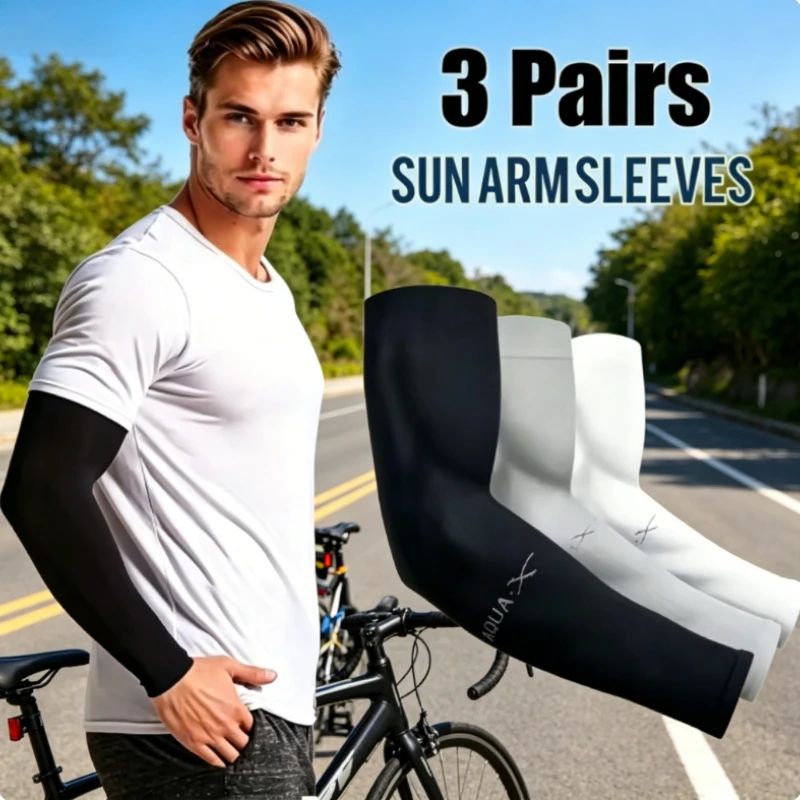 3 Pairs Ice Silk Arm Sleeves UV Sun Protection Breathable Unisex Arm Sleeves for Outdoor Riding Driving Fishing Hiking Sports