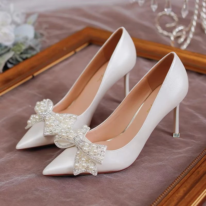 Rimocy Luxury Pearl Bowknot Wedding Pumps Women Sexy Stiletto Heels Party Shoes Woman Silk Pointed Toe Rhonestone Pumps Ladies