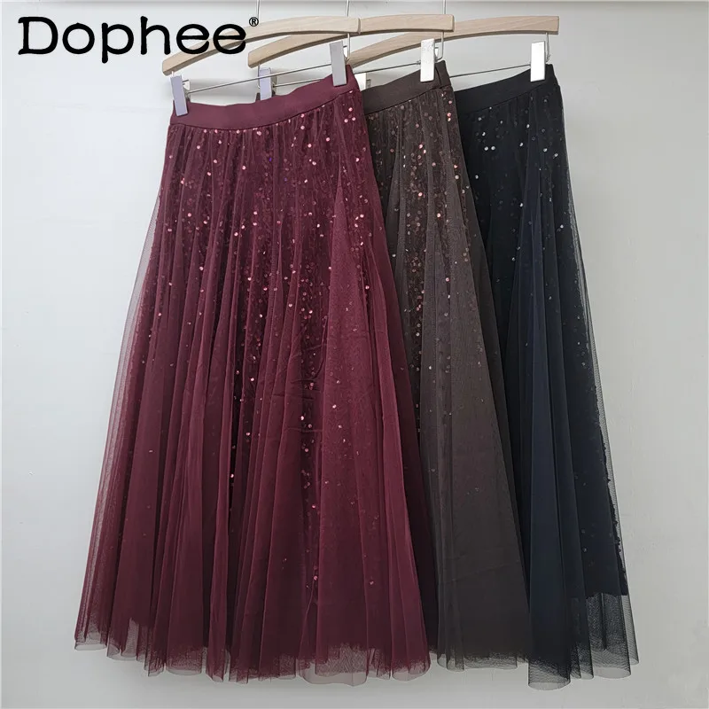 

Mesh Skirt Velvet Skirt Women's 2025 Spring New High Waist Drape Skirts Vintage Sequined Gauze Skirt Long Black Skirts