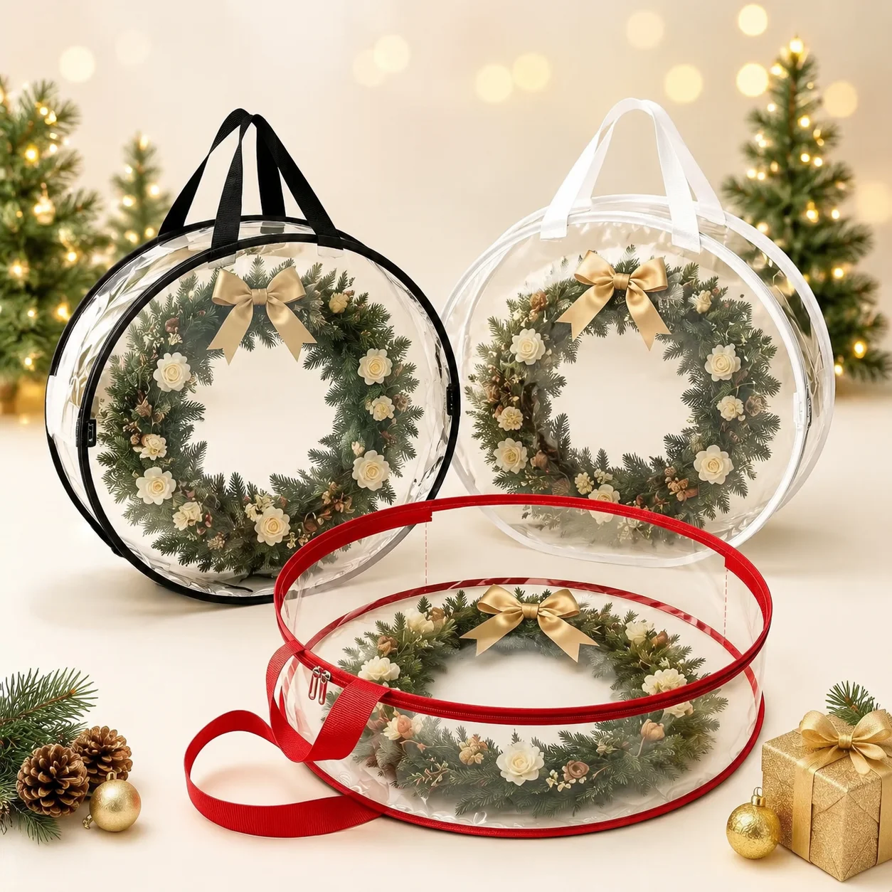 Transparent Christmas Wreath Storage Bag,Large Capacity Dust-proof and Moisture-proof Holiday Wreath Storage Bag,with PVC Handle