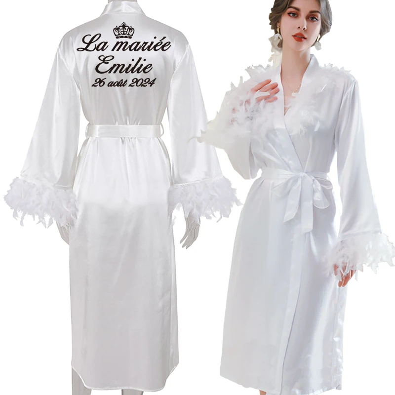 Personalized Name Date Wedding Feather Bride Robe Bridesmaid Bathrobe Nightwear Long Elegant Woman Gown Sexy Nightgown for Party