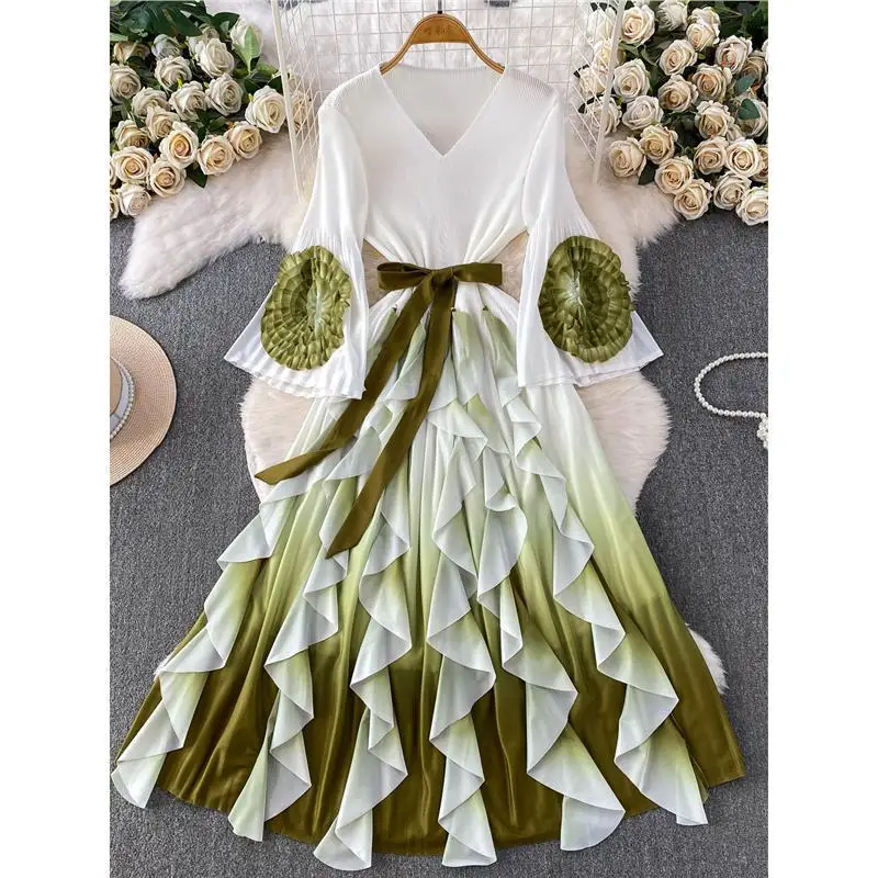 Miyake Ruffle Edge Dress Women's Clothing 2026 Spring and Autumn New Waist Thin Horn Sleeves Gradual Change Color Dress