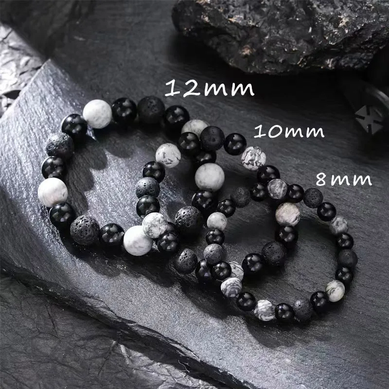 10mm Volcano Stone Black Agate Map Stone Beaded Bracelet For Men Handmade Stretch Bracelet Jewelry Gift