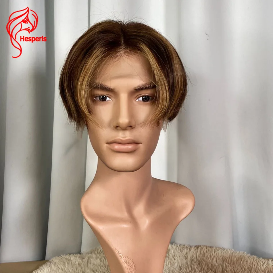 Hesperis Highlight Man Wig Human Hair 13x6 Brazilian Remy Lace Front Wig For Male Short Pixie Wig Brown With Blonde Highlight