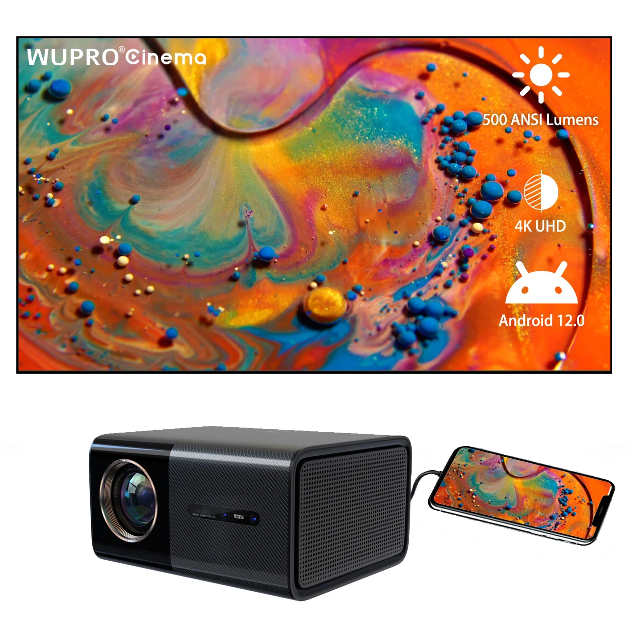 

Качество OEM/ODM Wupro K-W135A Native 4K UHD Proyector 500 ANSI Люмен Домашний Smart Wi-Fi 6 BT 5.0 Android 12 Видеопроектор