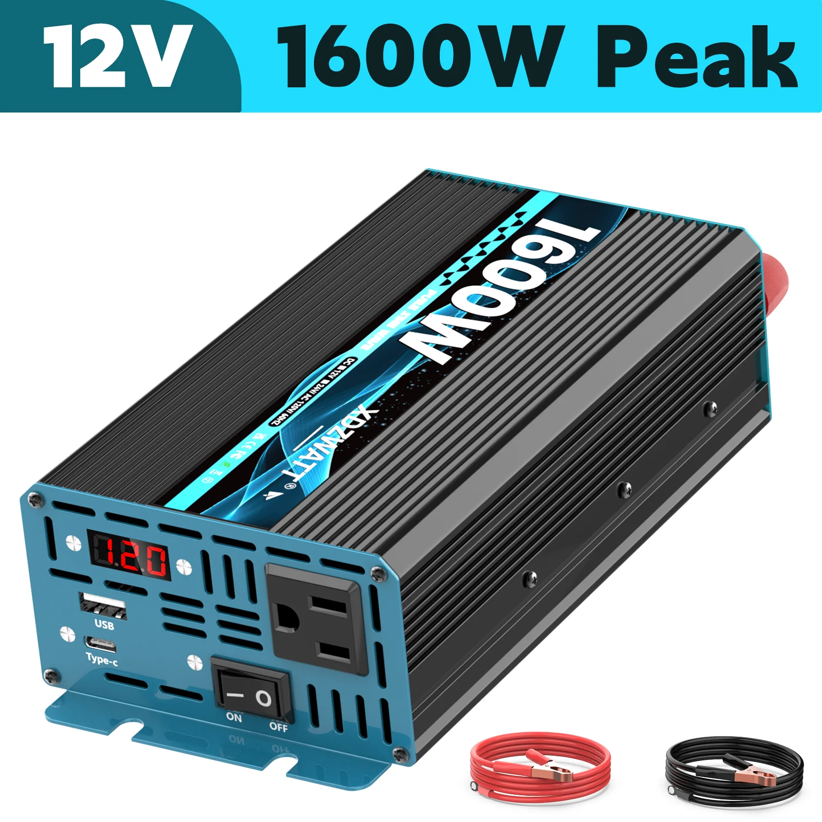 600W/1600W Peak Pure Sine Wave Power Inverter 12V DC to 110V 120V AC Car Converter for Vehicles LED Screen Display, 2 AC Outlets, 15W USB-C Charging Port, Car Plug Adapter for RV,Truck, Home, Camping, Laptop, Trip