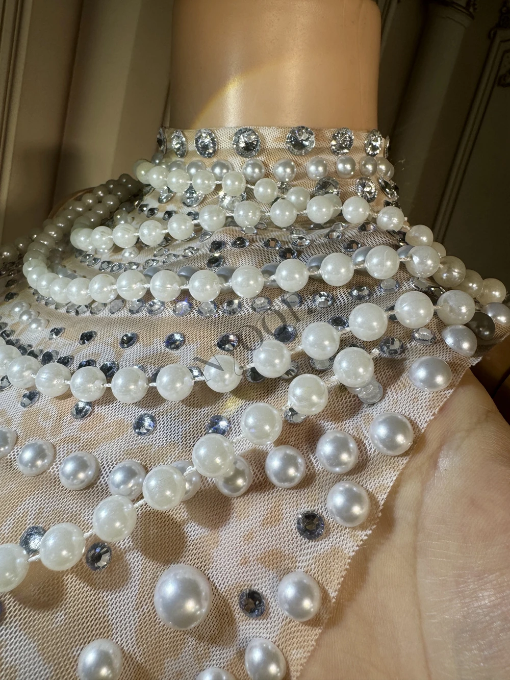 Sparkly Rhinestones Pearls Chains Long Dress Gloves for Women Elegant Evening Birthday Celebrate Wedding Photo Shoot Dresses