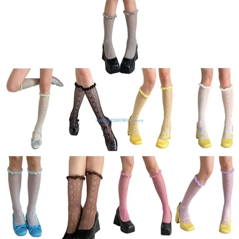 

N7YF Womens Knee Highs Stockings Ruffle Trim Frilly Over the Calf Socks