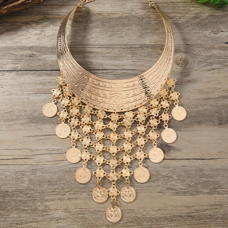 New Bold Punk Metal Floral Print Necklace Tassel Pendant Fashion Layered Jewelry Women's Statement Accessory view 3
