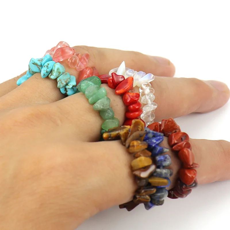 Elastic Natural Gem Stone Rings Irregular Crystal Stretch Chip Beads Nuggets Ring Quartz Wristband for Women