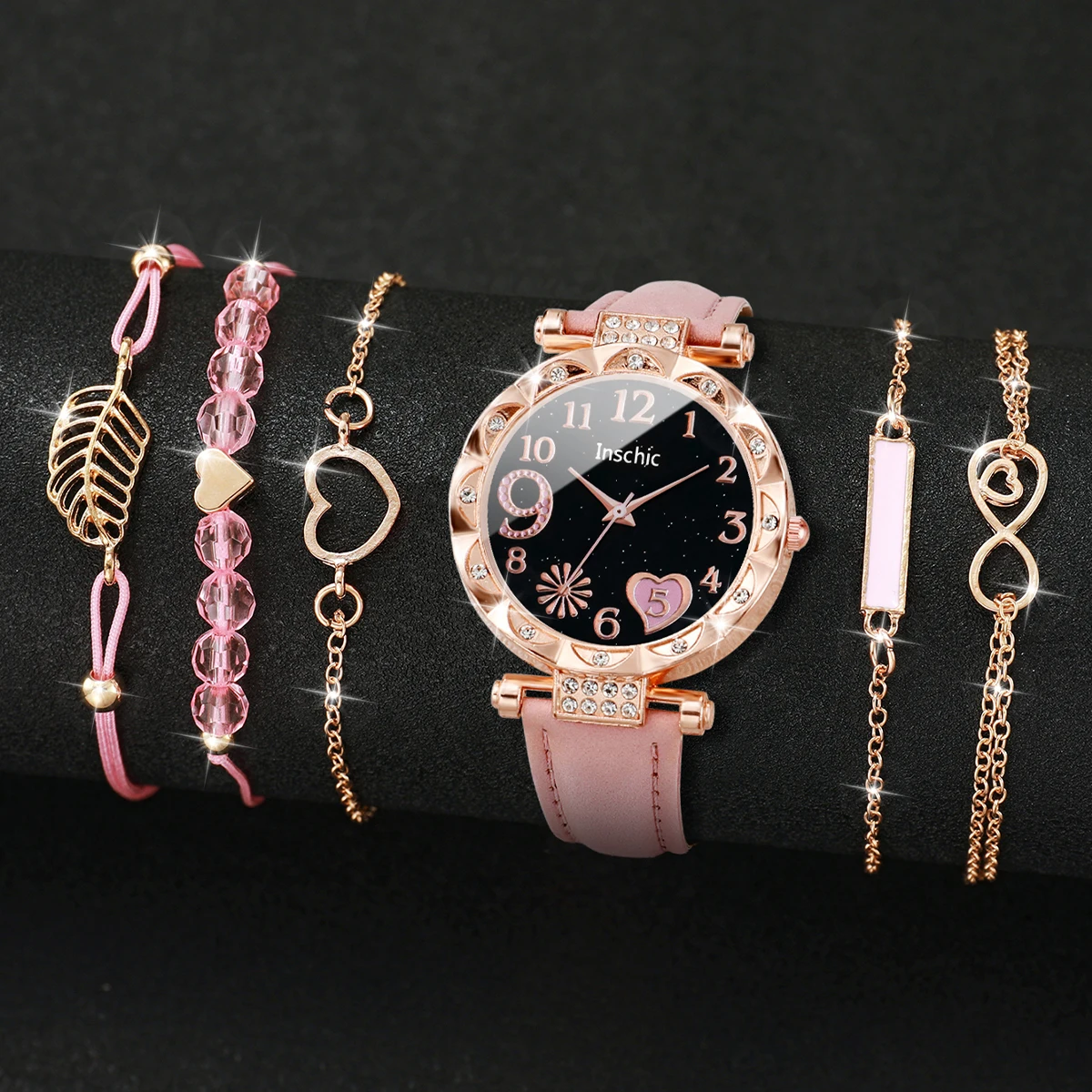 6 stks/set damesmode horloge multi liefde wijzerplaat lederen quartz horloge met liefde blad armband set