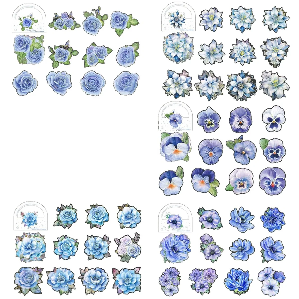 50 PCS Blue Flower Stickers - Large Size Floral Stickers with Gold Outlines,Glitter Shiny Waterproof Decorative Decals