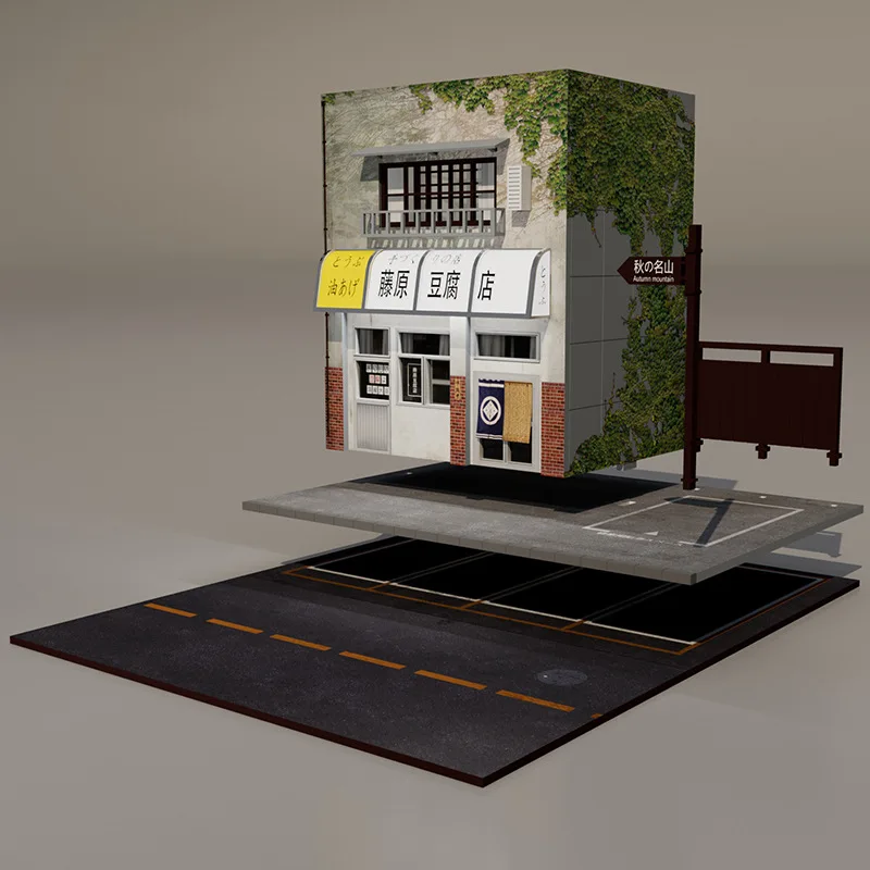 Timemicro&moreart 1:64 lighting version of Fujiwara Tofu shop theme parking lot building scene model