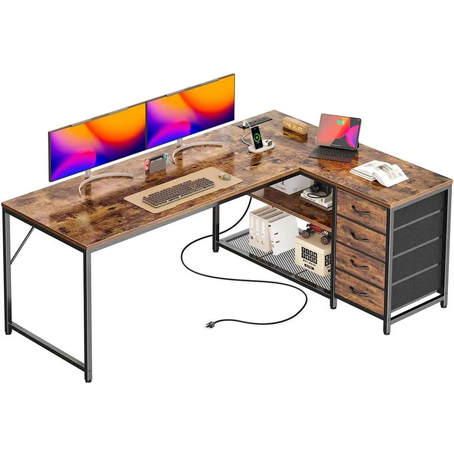

61 L Shaped Desk with Power Outlets and USBC Port, Reversible Computer Corner Office Desk with 4 Fabric Drawers and 2 HeightAdj