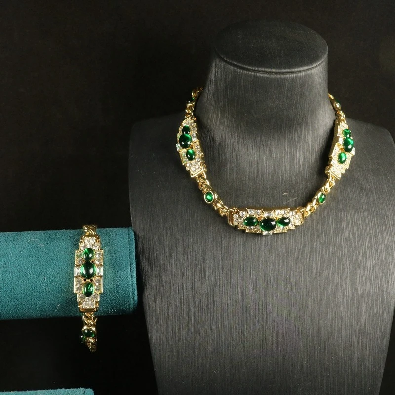 Trendy Emerald Baguette Diamond CZ Necklace Bracelet Set Micro Pave Green Zircon Link Chain Fashion Women Jewelry Party Gift