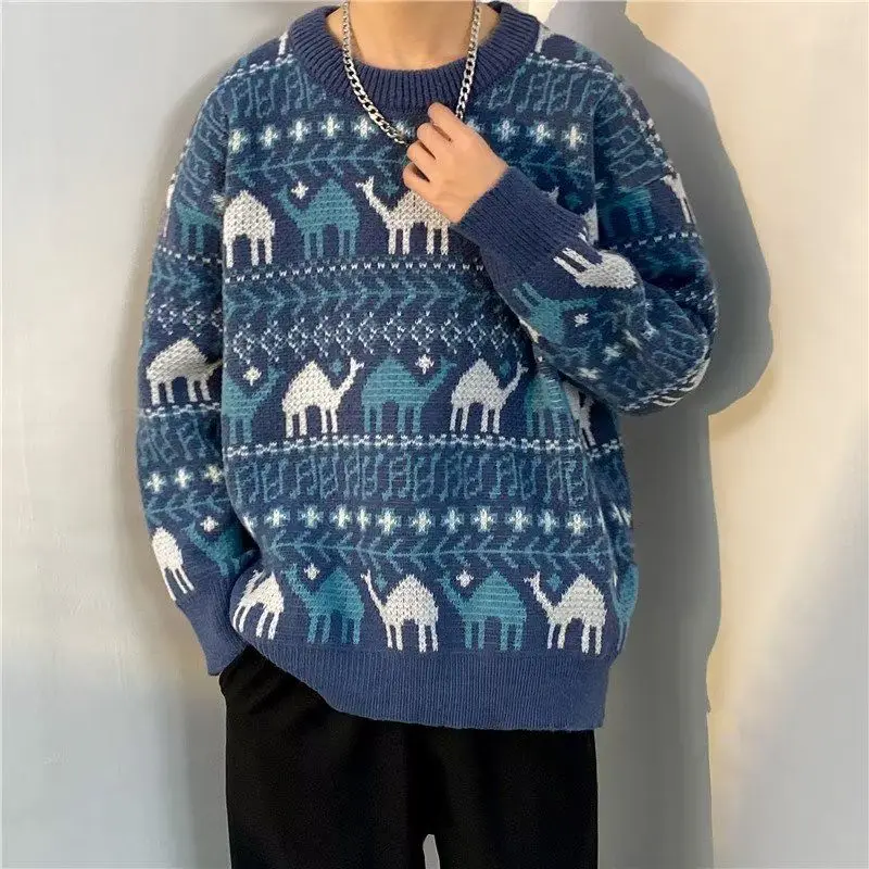 Japan Style Printed Pullovers Dzianinowa odzież męska Vintage Folk Jesień Zima Spliced O-Neck Szykowne luźne swetry z długim rękawem