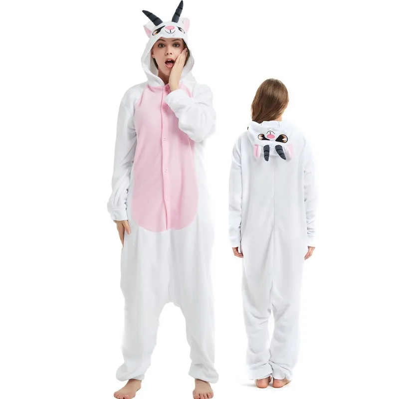 White Goat Anime Onesie Pajama Fleece Jumpsuit Funny Sleepwear Women Pyjama Outfit Girls Fancy Suit Adults Raccoon Kigurumi