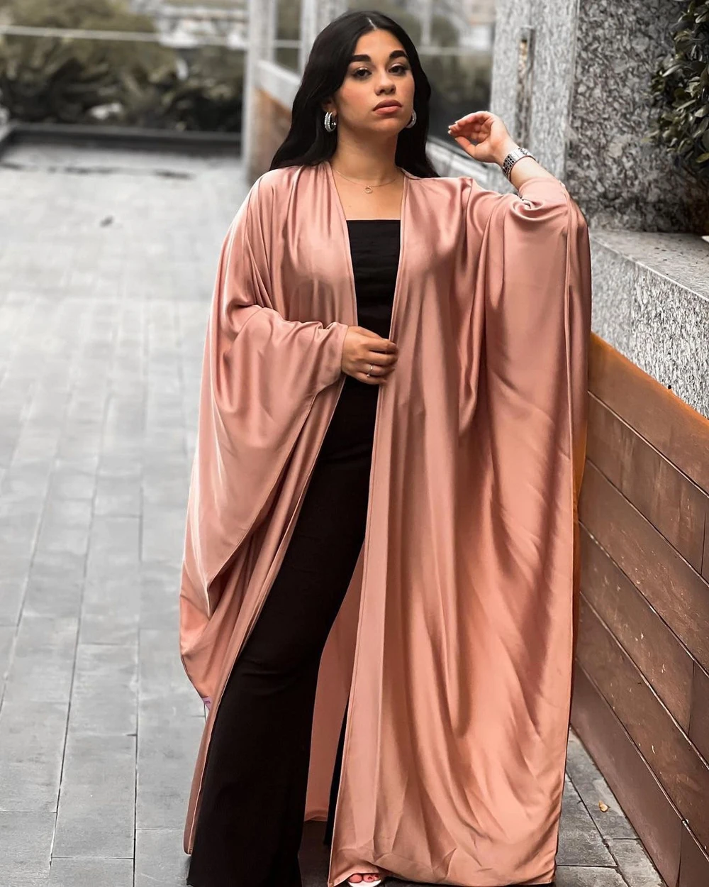 One-piece Brown Heart Sleeve Abaya Coat Overgarments Islamic Women Long Robe Dress Modest Djellaba Prayer Outfit Afghan Clothes