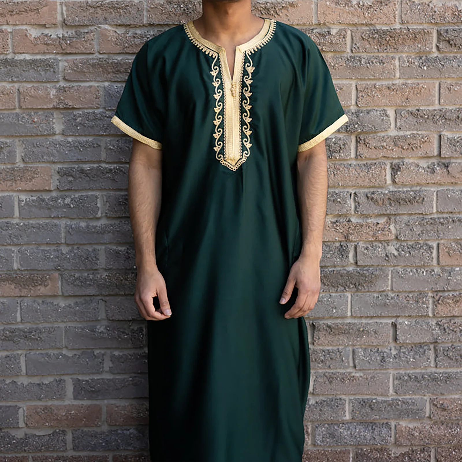 Uni Sommer muslimische Männer Kurzarm Abaya Stickerei lose atmungsaktive lässige Robe islamische Abaya Kaftan muslimische Mode