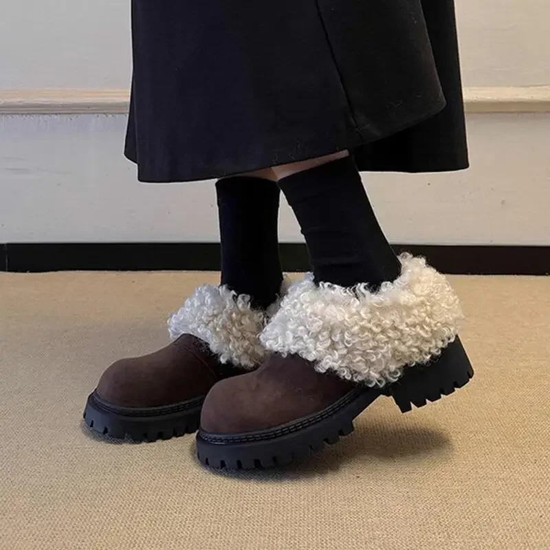 

Warm Fleece Thick Bottom Loafers Shoes Women Winter Vintage Platform Long Plush Designer Loafers Woman's Snow Boots