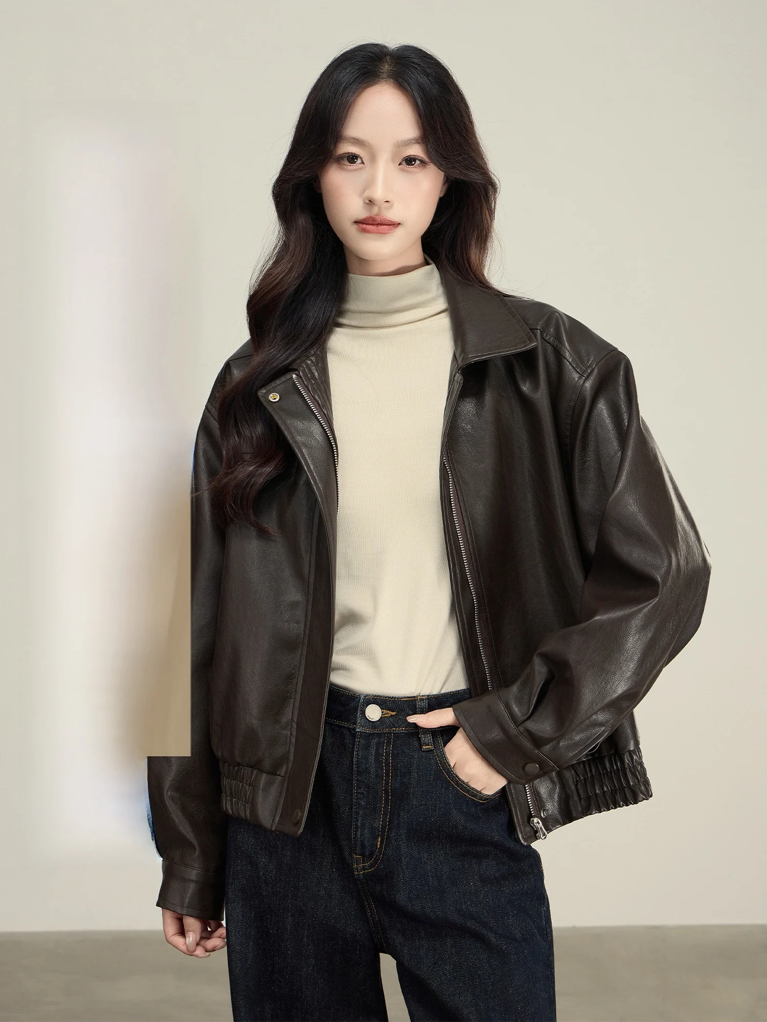 

Cool Bla Leather Jaet Women's Loose Versatile Spring Autumn High-End Feelings ort Outerwear Simple Sle Ladies Coat