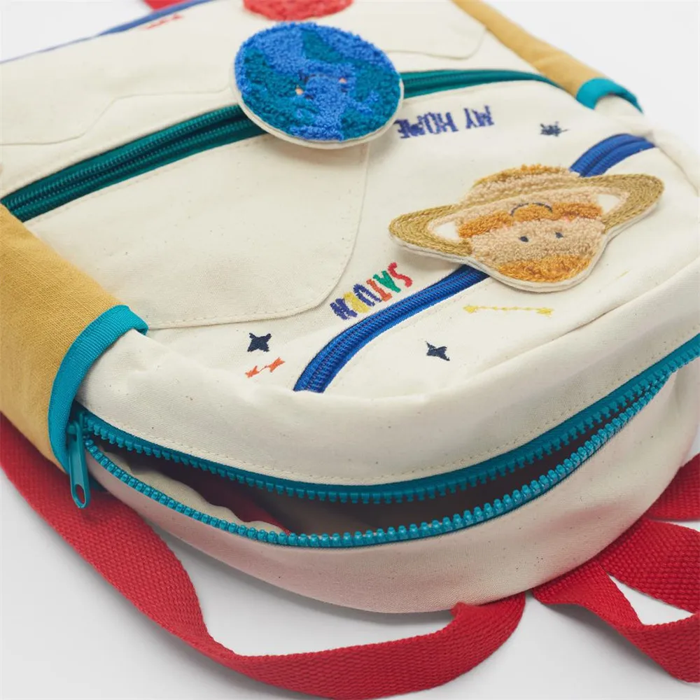 Crianças mochilas costura lona de algodão terra estrela bola bordado mochilas nova cor bonito correspondência casual pequena mochila