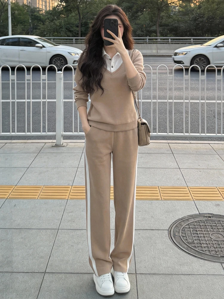 

Casual Sportswear Set Women High Waist Straight Leg Pants Two Piece Suit Autumn Faionable Sweatirt Comfortable Cotton Blend