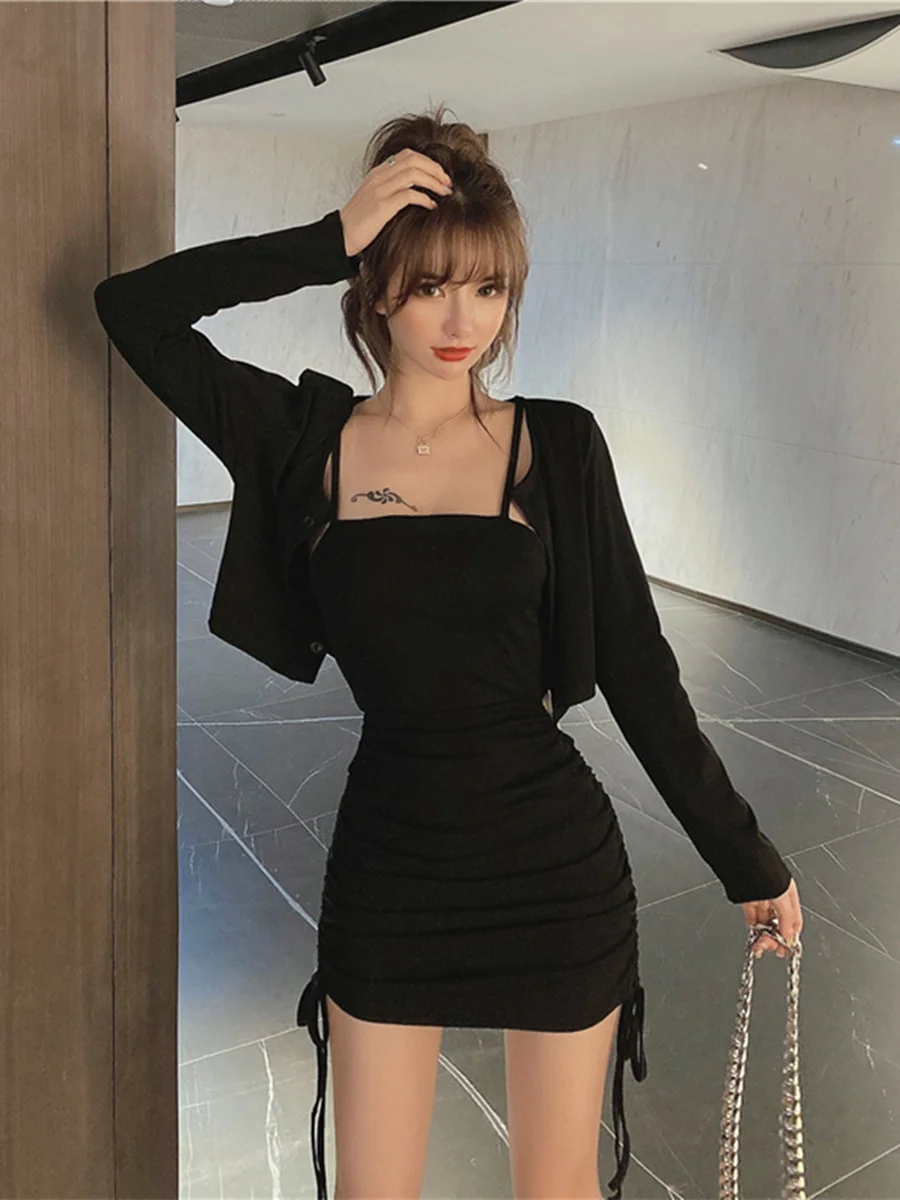 Vestido Corto con Cintura Ajustable con Cordón para Mujer, Estilo Coreano, Cintura Alta, Falda en Línea A, Manga Larga, para ...