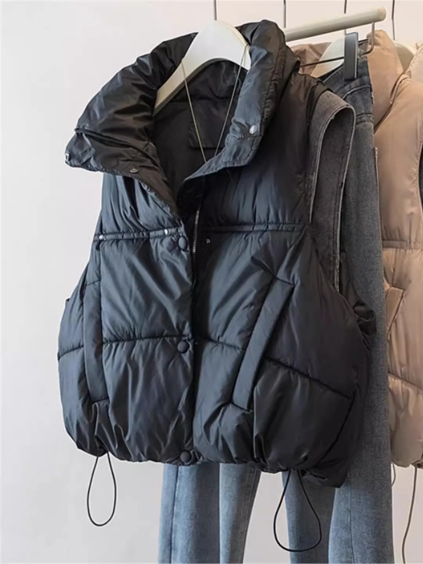 

Women's Denim Patchwork Cotton Vest Jaet plus Size Winter Faion Layering Outerwear Casual High Collar Regular Length