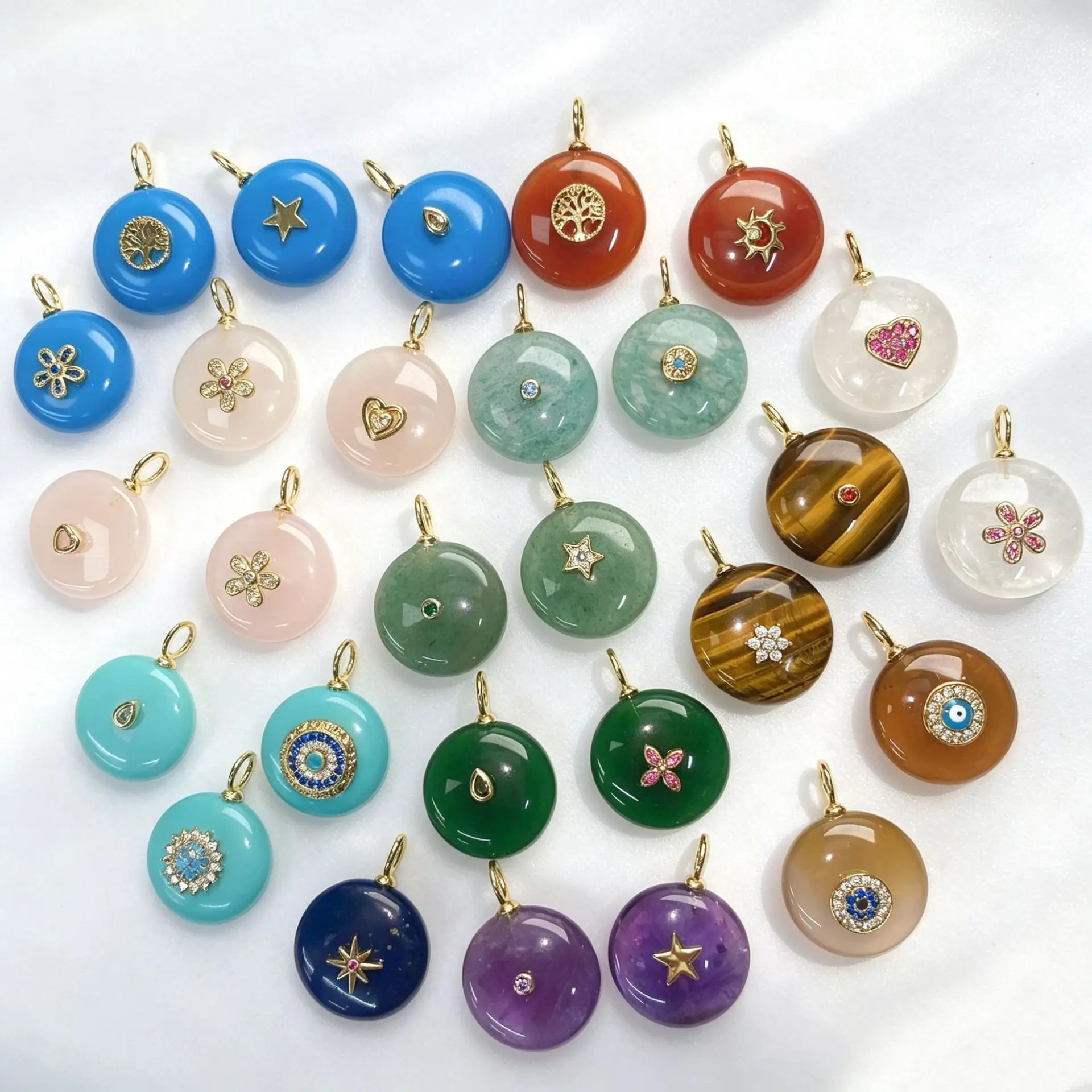 New Arrival Natural Stone Pendant Necklace Inlaid Diamond Tiger Eye Lapis Pink Crystal for Women