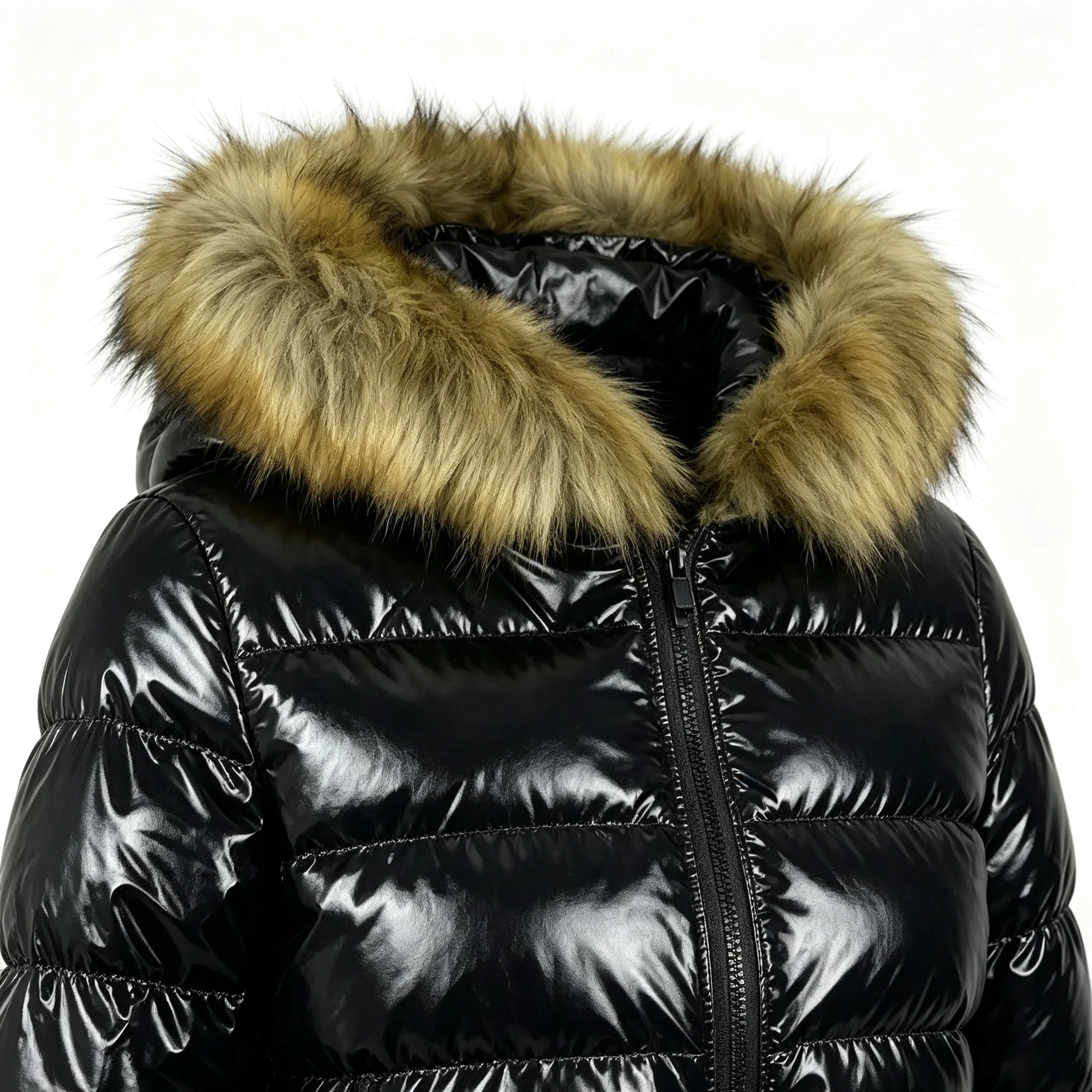 Women's Shiny Puffer Jacket Faux Fur Collar Hooded Quilted Thermal Warm Slim Fit Short Lightweight Glossy Winter Coat for Women