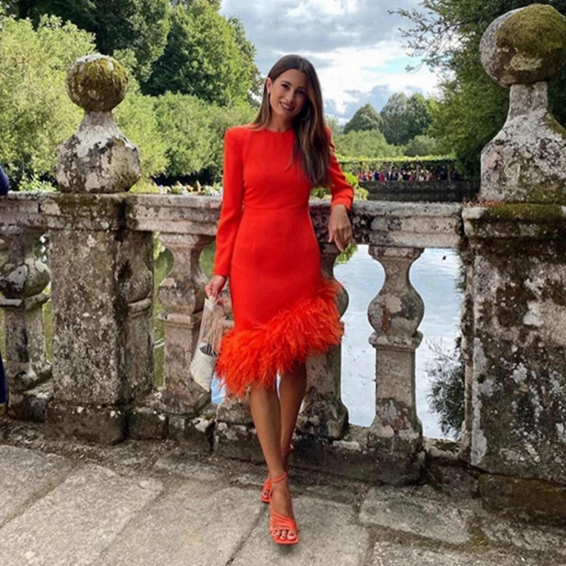 

Elegant Coral Satin Feathers Evening Dresses O Neck Long Sleeves Knee Length Prom Gowns Custom Made Simple Evening Gowns