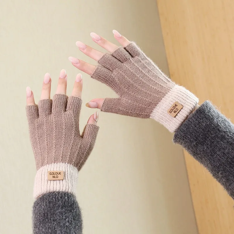 Winter Fingerless Gloves Women Half Finger Writting Office Knitted Thick Wool Warm Label Thick Elastic Outdoor Driving Gloves